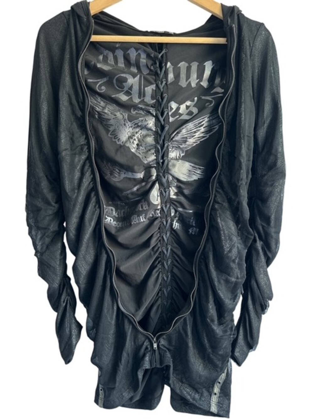Salvage XS Y2K Kingstown Graphic Dress Black Lace Up Back Hood Shimmery Rushed